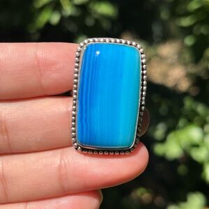 Size 9.25 925 silver plated blue rectangular Botswana agate ring‎